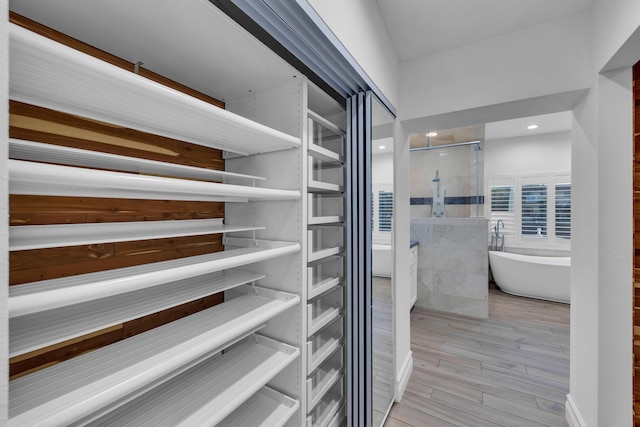 walk in closet with light wood-type flooring