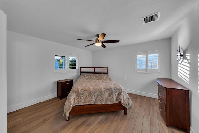 bedroom with ceiling fan and light wood-type flooring