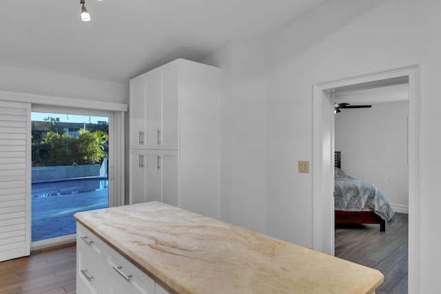 kitchen with dark hardwood / wood-style floors and white cabinets