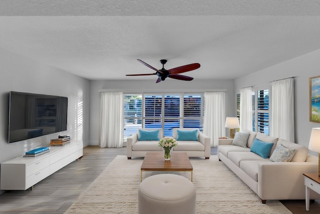 living room featuring ceiling fan, a textured ceiling, light hardwood / wood-style floors, and a healthy amount of sunlight