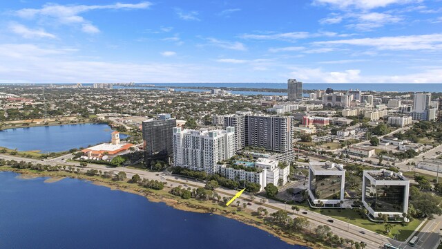 bird's eye view with a water view