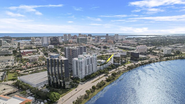 bird's eye view with a water view