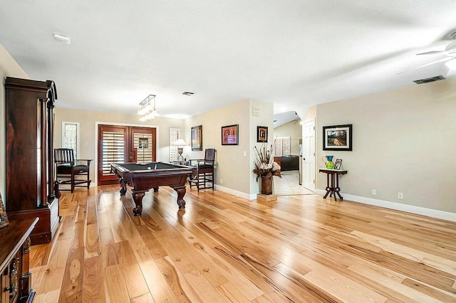 game room featuring french doors, billiards, light wood-style flooring, and baseboards