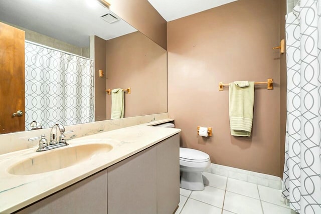 full bathroom with tile patterned flooring, toilet, visible vents, vanity, and baseboards