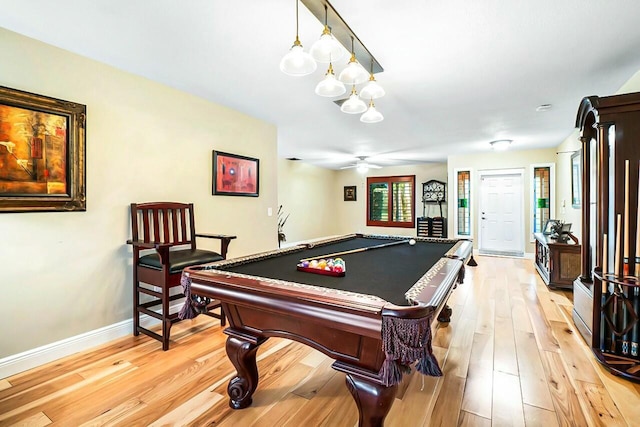 game room with light wood-style flooring, billiards, baseboards, and a ceiling fan