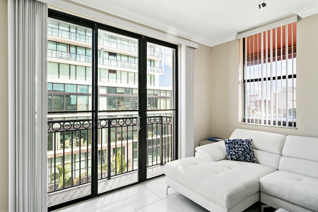 tiled living room featuring a wealth of natural light