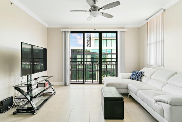 tiled living room featuring ornamental molding and ceiling fan