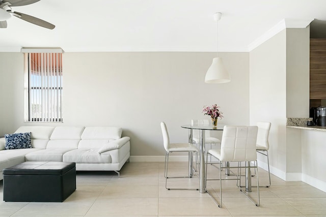 living room featuring crown molding, light tile patterned flooring, and ceiling fan