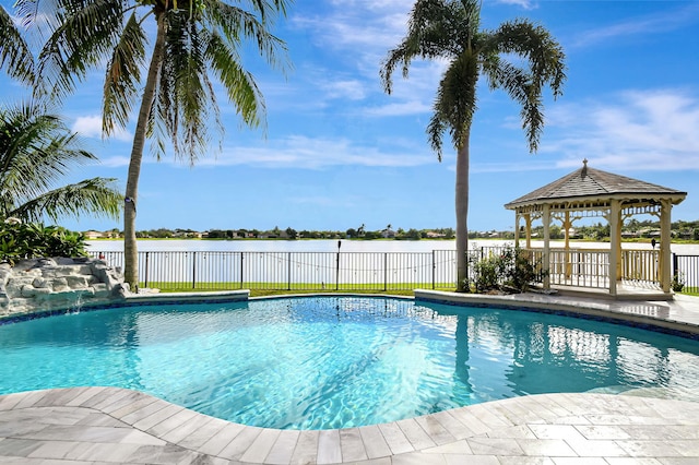 view of pool featuring a gazebo and pool water feature