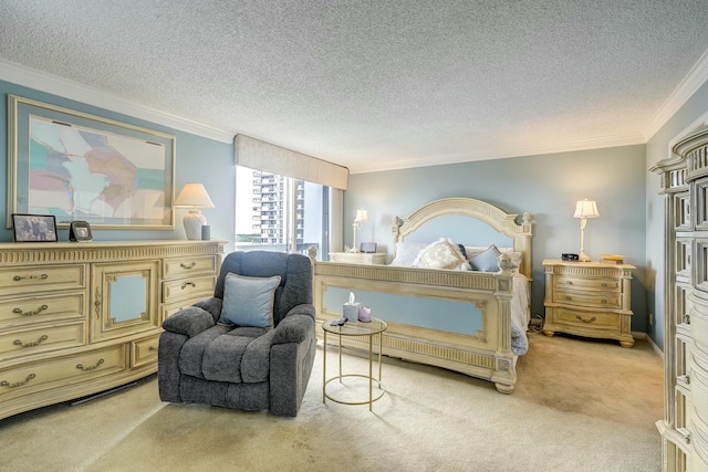 bedroom with light carpet, a textured ceiling, and crown molding