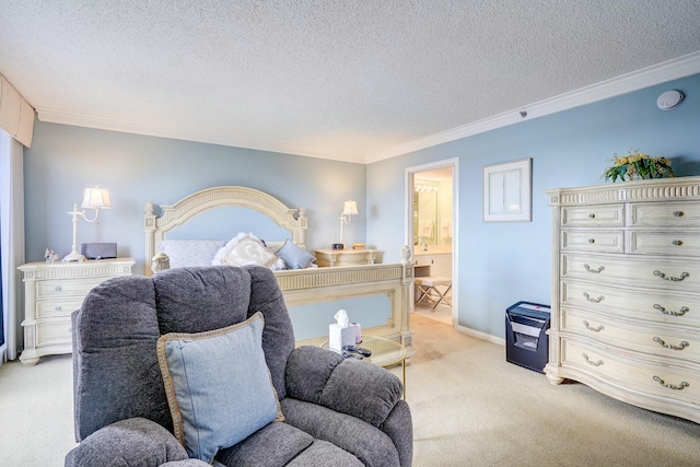 bedroom with light carpet, ensuite bath, ornamental molding, and a textured ceiling