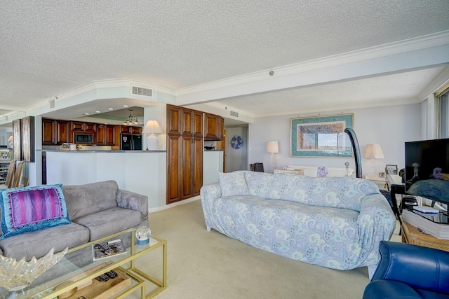 living room with visible vents, light carpet, crown molding, and a textured ceiling