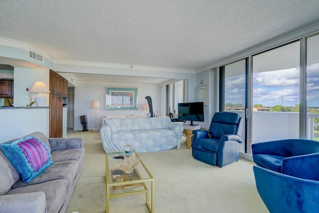 living area featuring a textured ceiling, ornamental molding, visible vents, and light colored carpet