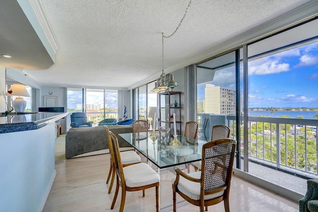 dining room with a wall of windows, a water view, light wood-style flooring, and a textured ceiling