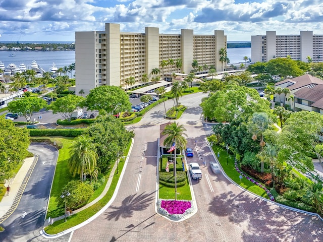 aerial view featuring a water view