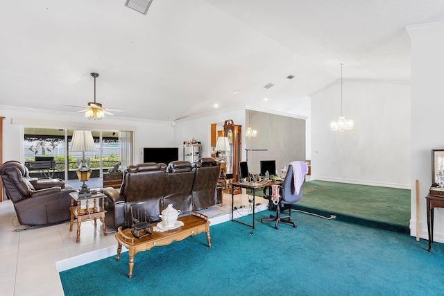 tiled living room with ornamental molding, lofted ceiling, and ceiling fan with notable chandelier