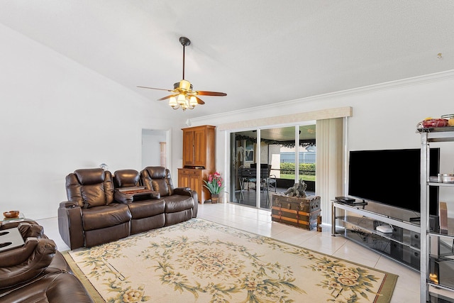 tiled living room featuring ornamental molding, a textured ceiling, and ceiling fan