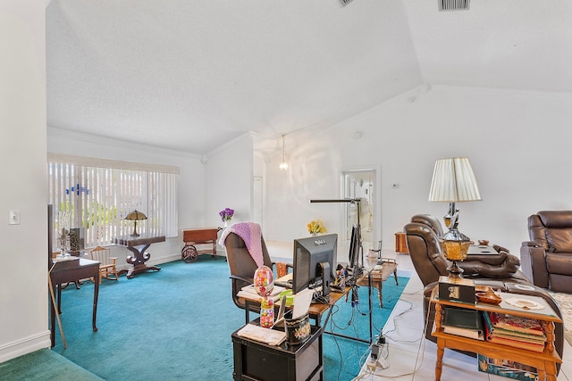 carpeted living room with crown molding and vaulted ceiling