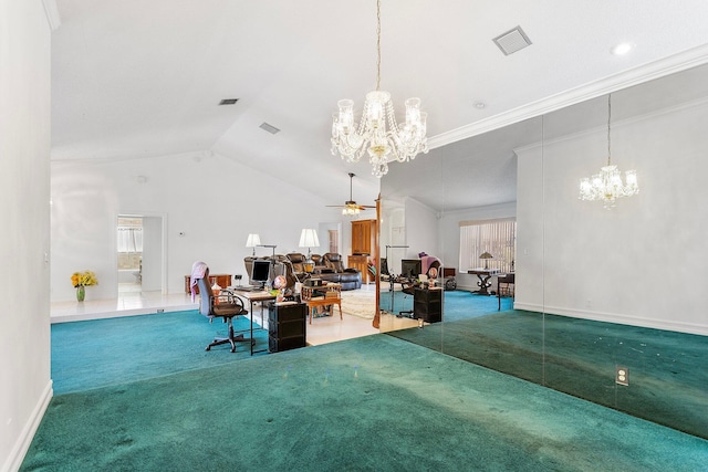 living room with vaulted ceiling, carpet flooring, and ceiling fan with notable chandelier