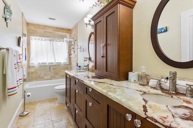 full bathroom with vanity, shower / bathtub combination with curtain, and toilet