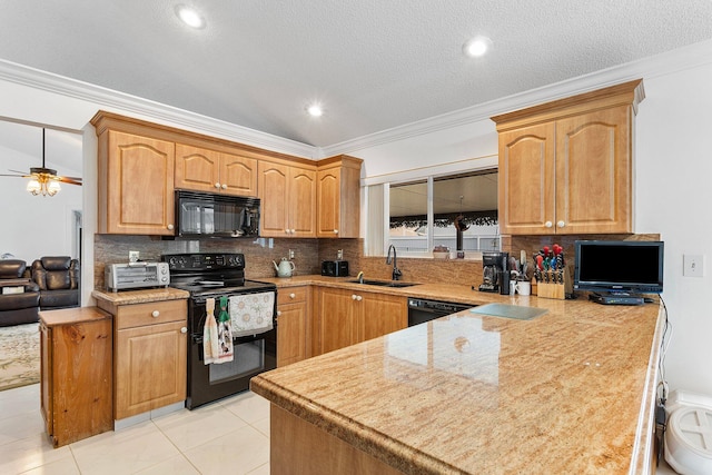 kitchen featuring black appliances, sink, backsplash, kitchen peninsula, and crown molding