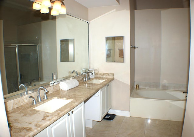 bathroom featuring vanity, separate shower and tub, tile patterned flooring, and a notable chandelier