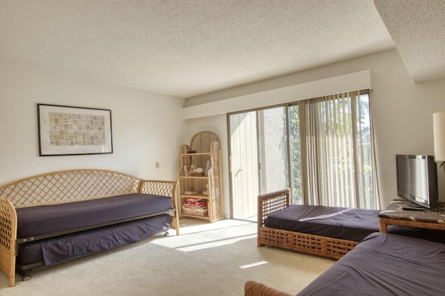 carpeted bedroom with access to exterior and a textured ceiling