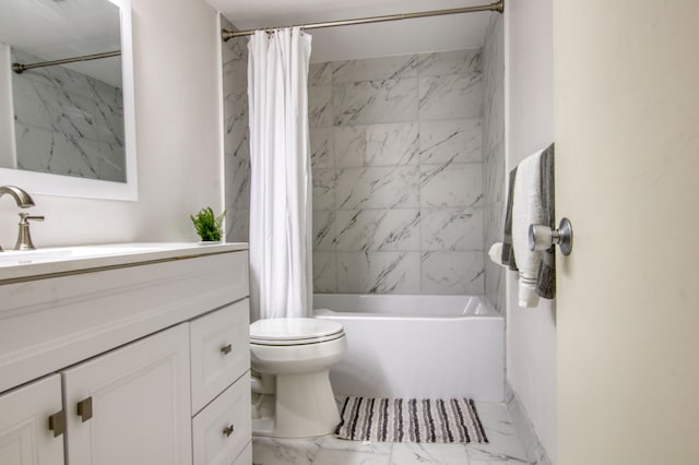 full bathroom with vanity, shower / bath combination with curtain, and toilet