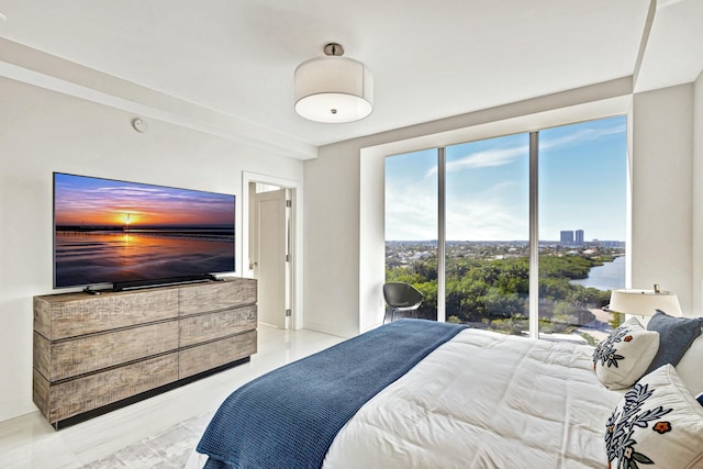 bedroom featuring a water view