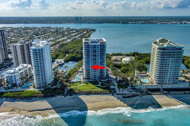 birds eye view of property featuring a water view