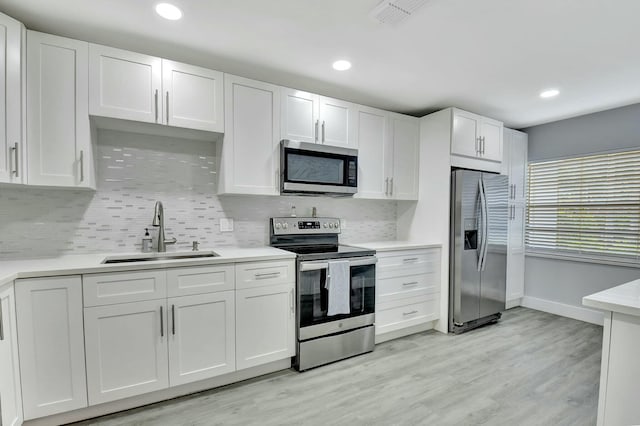 kitchen with sink, white cabinetry, stainless steel appliances, light hardwood / wood-style floors, and decorative backsplash