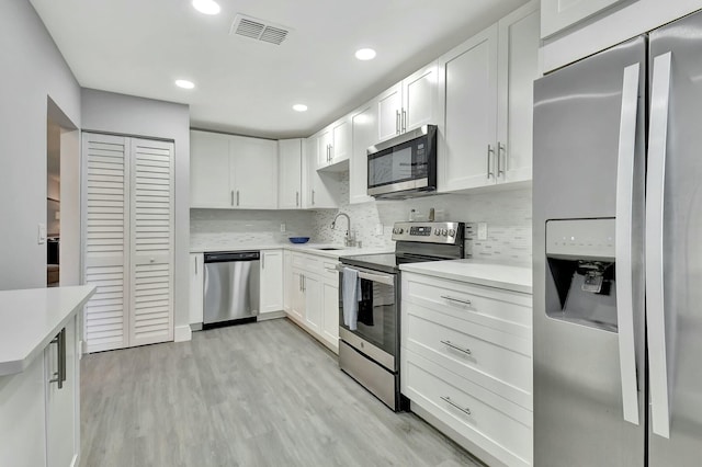 kitchen with appliances with stainless steel finishes, light hardwood / wood-style floors, decorative backsplash, and white cabinets