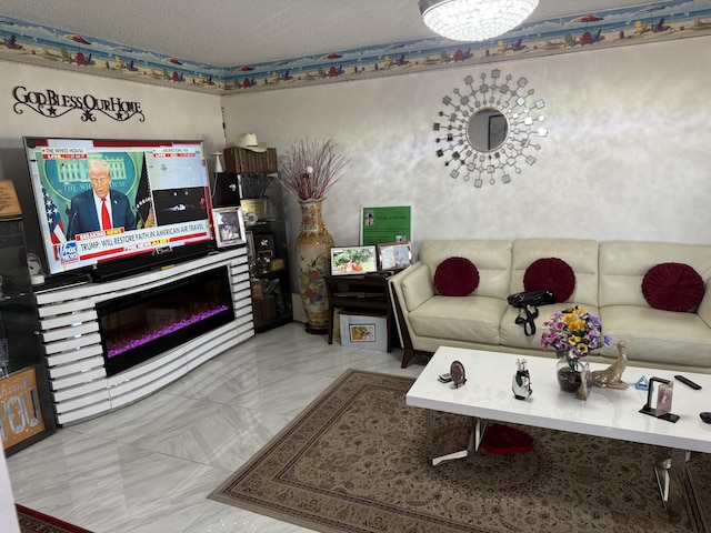 living room featuring a textured ceiling