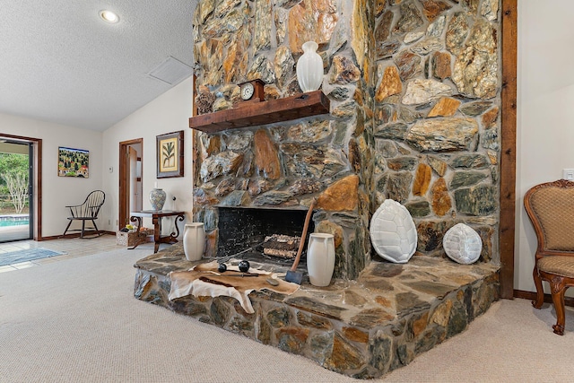 carpeted living room featuring lofted ceiling, a stone fireplace, and a textured ceiling