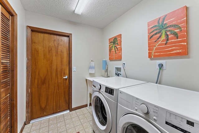 clothes washing area with a textured ceiling and washing machine and clothes dryer