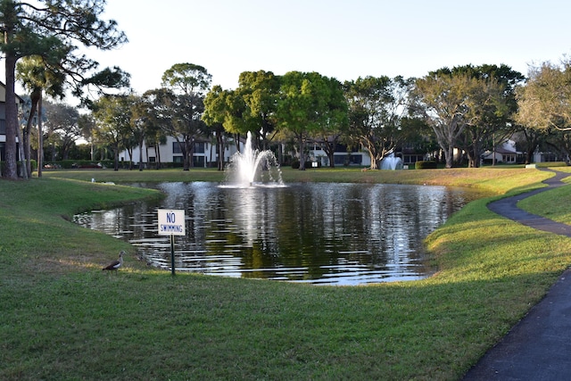 view of property's community with a water view and a lawn