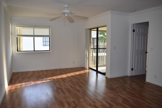 unfurnished room with ornamental molding, dark hardwood / wood-style floors, and ceiling fan