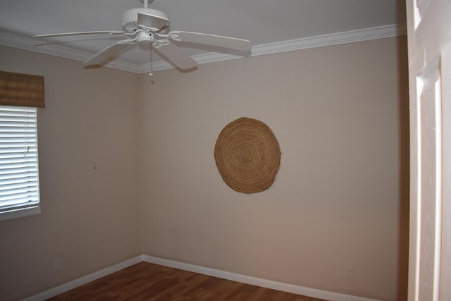 spare room with crown molding, ceiling fan, and hardwood / wood-style flooring