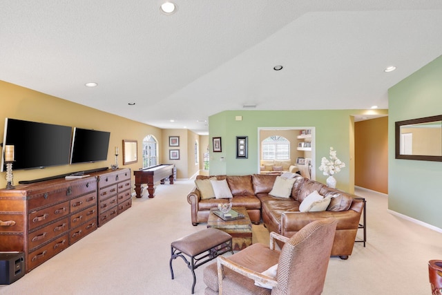 carpeted living room featuring billiards