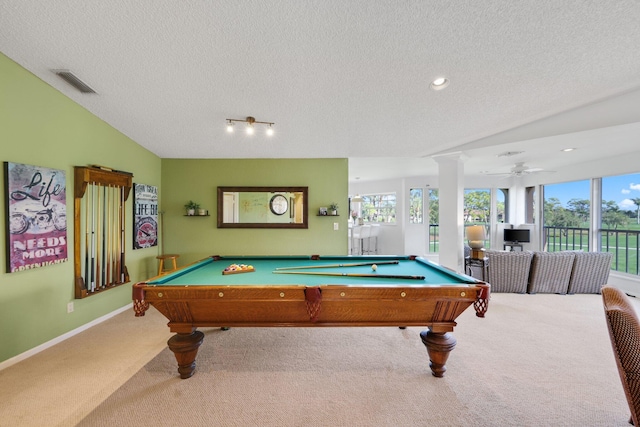 playroom with light colored carpet, plenty of natural light, vaulted ceiling, and billiards