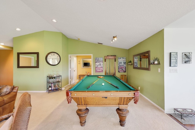 game room featuring lofted ceiling, light carpet, a textured ceiling, and pool table