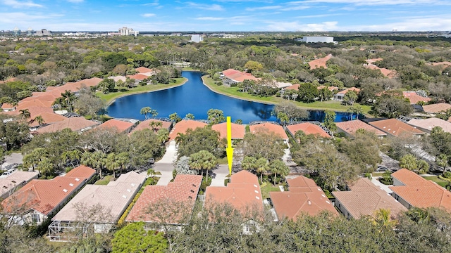 birds eye view of property featuring a water view