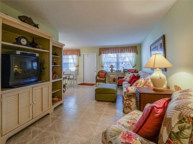 living room featuring a textured ceiling