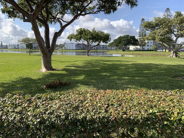 view of home's community with a water view and a yard