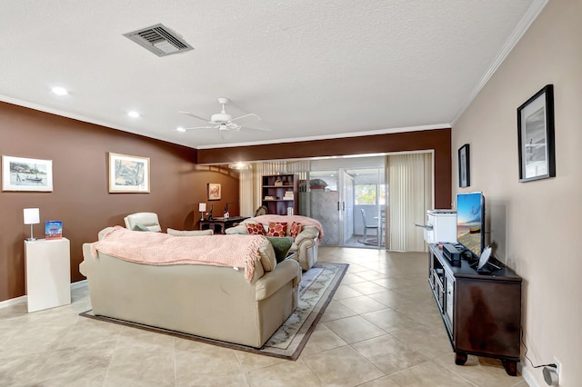 tiled bedroom featuring crown molding, ceiling fan, access to exterior, and a textured ceiling