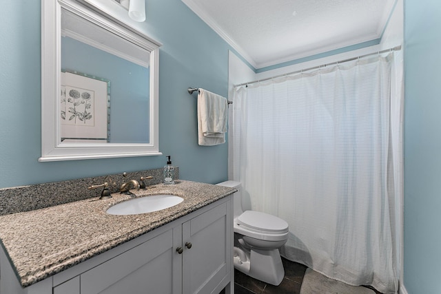 bathroom featuring vanity, ornamental molding, toilet, tile patterned floors, and a shower with shower curtain