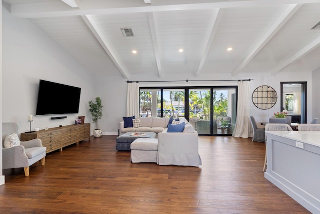 living room featuring vaulted ceiling with beams and dark hardwood / wood-style floors