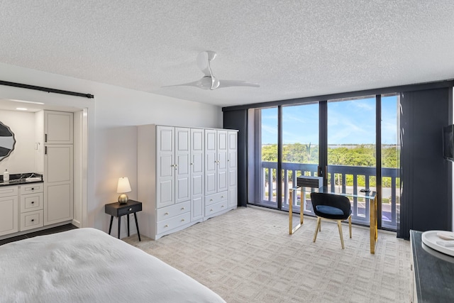 carpeted bedroom with a textured ceiling, access to outside, a barn door, and expansive windows