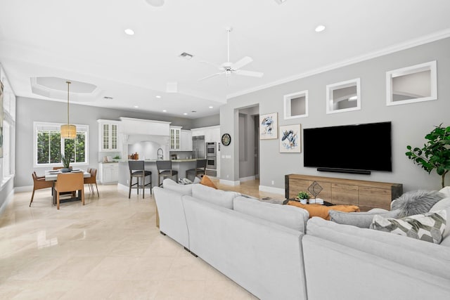 475 NE 4th St, Boca Raton, FL 33432 - living room with baseboards, ceiling fan, recessed lighting, and ornamental molding
