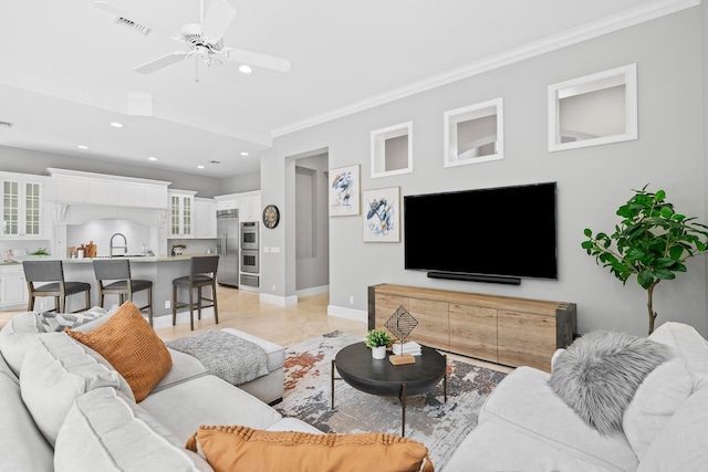 475 NE 4th St, Boca Raton, FL 33432 - living room featuring ornamental molding, a ceiling fan, baseboards, and recessed lighting